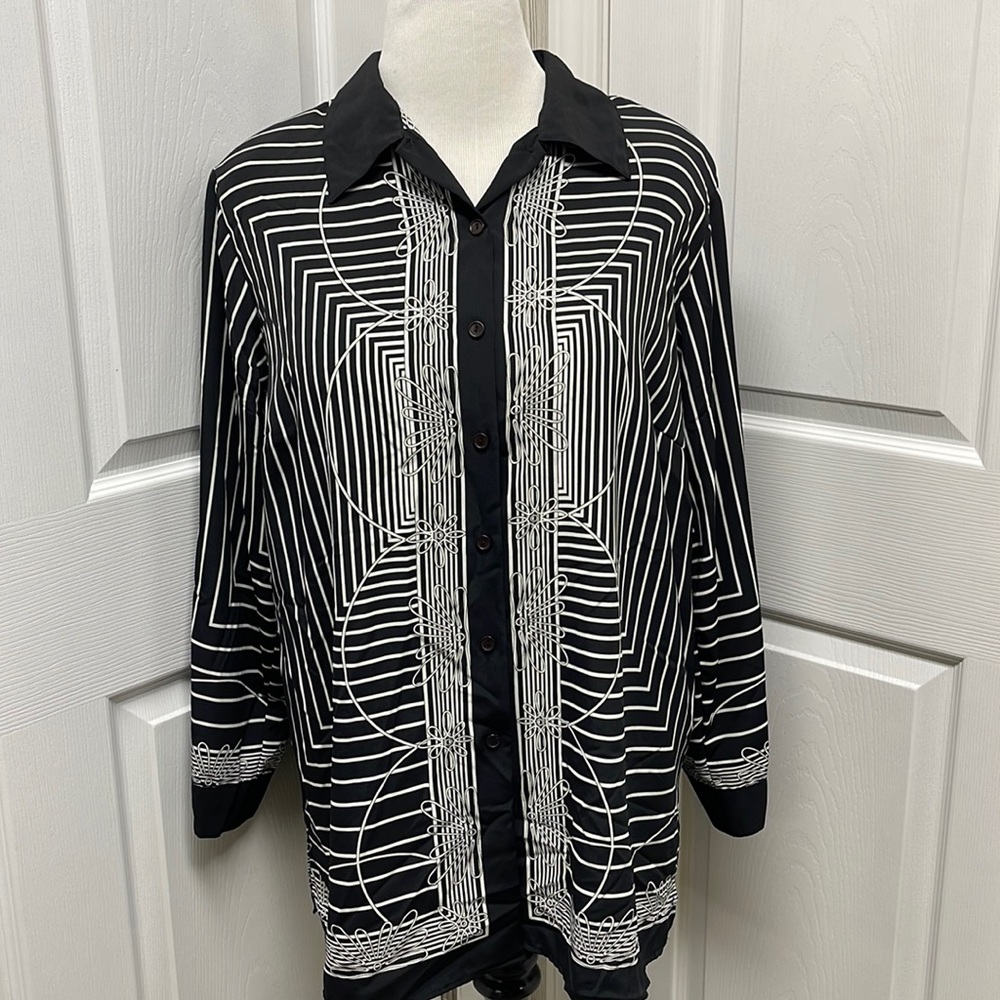 IMPRESSIONS Black White Geometric Long Sleeve Blouse 1X